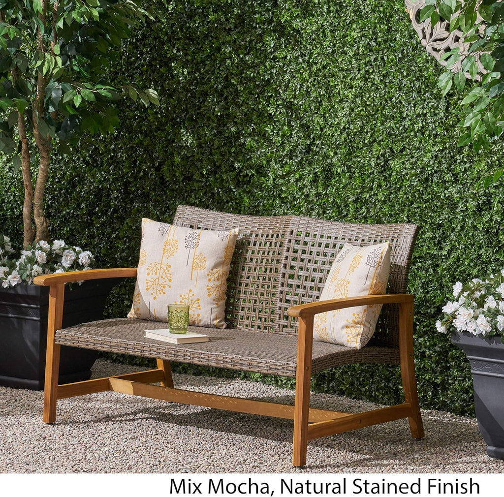 Great Deal Furniture Marcia Outdoor Wood and Wicker Loveseat, Natural Finish with Mix Mocha Wicker,Mix Mocha, Natural Stained Finish,307798